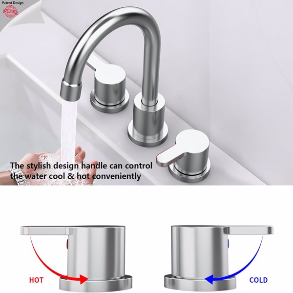 宽浴室水槽水龙头铬合金2手柄8英寸3孔360°旋转喷嘴洗手盆，带弹出式排水组件【周末不发货，TK/TEMU订单仅支持自提】-4