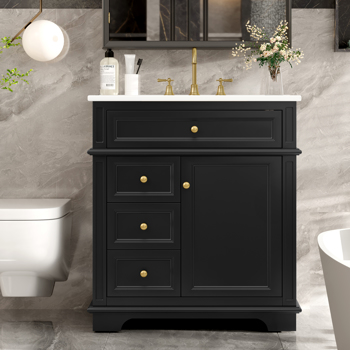 30\\" Bathroom Vanity with Sink, One Tip-out Drawer, Three Drawers, Door Shelf, Soft Closing Door, Black