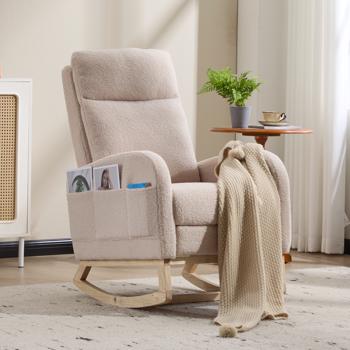 Modern Accent Rocking Chair Rocking Chair with Solid Wood Legs, Upholstered Nursery Glider Rocker, Comfy Armchair with Side Pocket, Living Room Lounge Arm Chair with High Backrest (Beige,teddy)