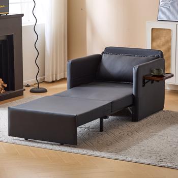 Adult Sleeper Chair Bed, 3-in-1 Convertible Sofa Chair Bed Pull-out Sofa Bed, Convenient Folding Tray Table with USB and Type-C Charging Ports for Living Room,BLACK,Leather