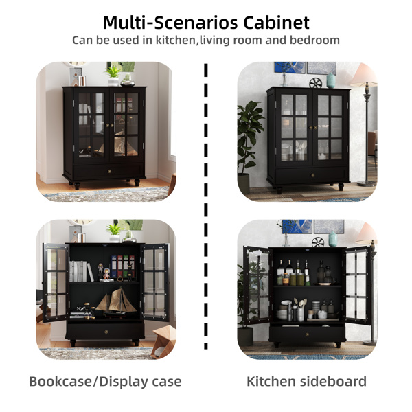 简约黑色餐柜，带双玻璃门和抽屉，现代木质储物餐柜，适用于客厅、餐厅走廊入口（黑色）-23