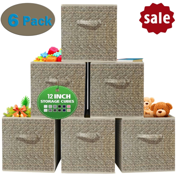 12 inch Foldable Cube Storage Bins Set of 6, Closet Organizers Bins and Storage Box for Toy Clothes-Brown