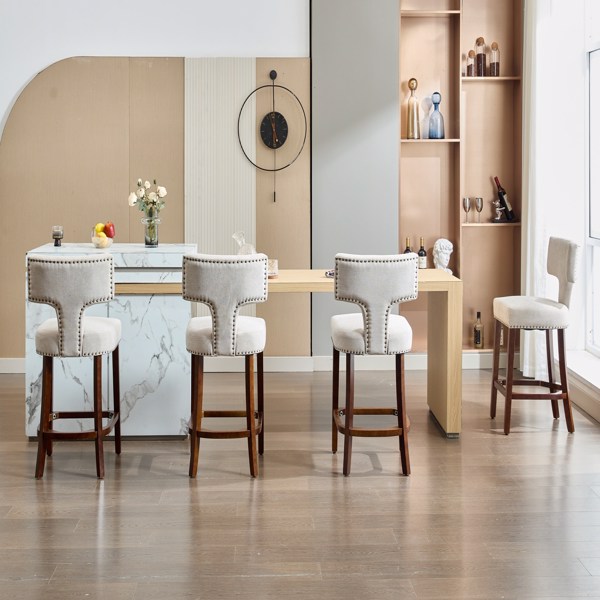 中世纪现代吧台高脚凳 2 件套，农舍亚麻布软垫装饰椅，弧形靠背，周围镶有铜钉，厨房椅子，硬木框架，米色-5