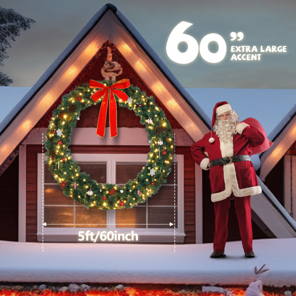 60in 绿色 蝴蝶结装饰花环 PVC 220灯 600枝头 圣诞PVC花环 美规-2