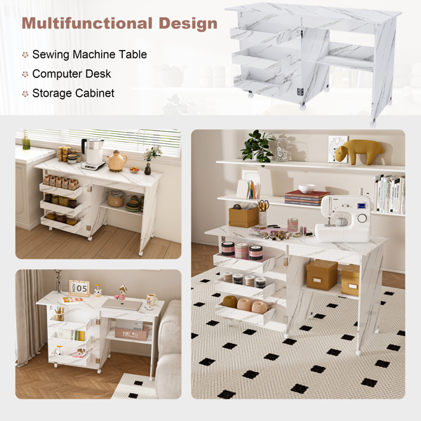 四合一折叠缝纫桌，带可锁定轮子 - 多功能工艺台、边桌、电脑桌和厨房储物架，白色滚动缝纫机桌，适合公寓使用-13