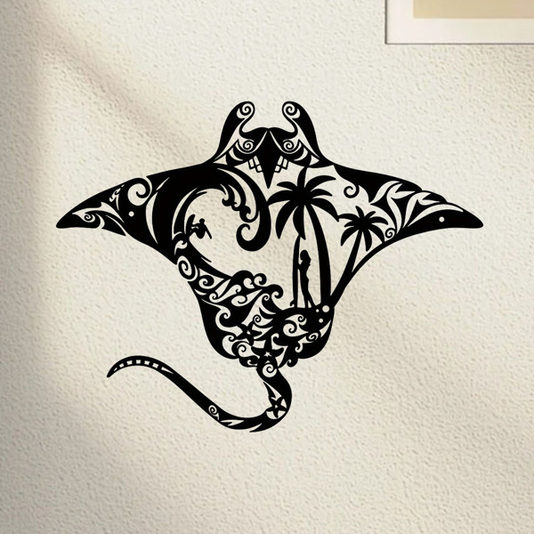 海洋金属蝠鲼射线墙艺术-海滩风格的点缀。冲浪板，波浪图案，海星和棕榈树剪影。非常适合居住区域（TikTok、temu下自提）-1