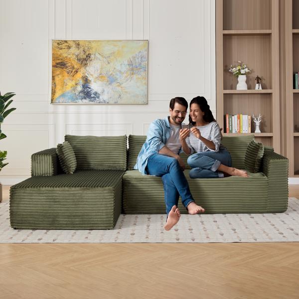 舒适躺椅压缩式沙发、深座无骨L形沙发、客厅卧室公寓休息室的极简主义模块化沙发卧铺、灯芯绒、绿色-7