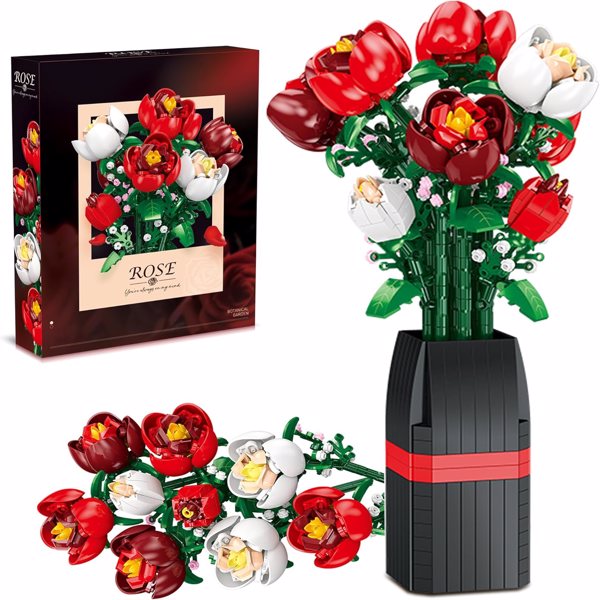 9朵玫瑰人造花DIY花束建筑套装玩具818个零件，带花瓶装饰，适合儿童女儿女朋友男朋友妈妈-生日礼物-1
