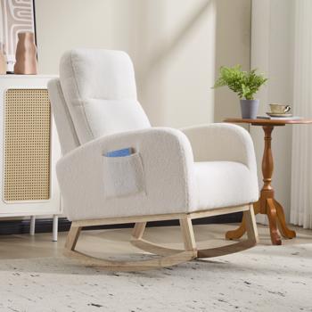 Modern Accent Rocking Chair Rocking Chair with Solid Wood Legs, Upholstered Nursery Glider Rocker, Comfy Armchair with Side Pocket, Living Room Lounge Arm Chair with High Backrest (White,teddy)