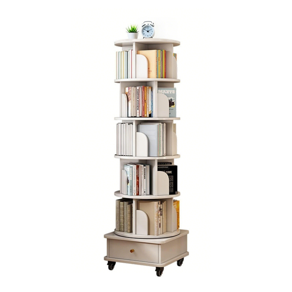 层旋转书架，360° 展示圆形旋转书架，带轮子和抽屉，节省空间，小空间旋转书架塔，适用于卧室、客厅、家庭、办公室，暖白色-9
