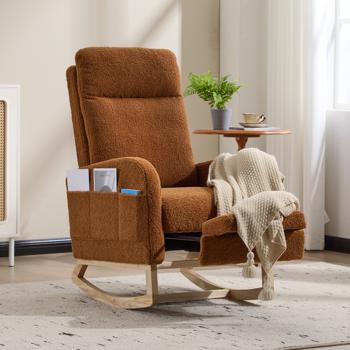 Modern Accent Rocking Chair Rocking Chair with Solid Wood Legs, Upholstered Nursery Glider Rocker, Comfy Armchair with Side Pocket, Living Room Lounge Arm Chair with High Backrest (Brown,teddy)