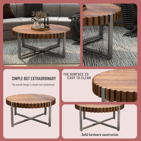 31.4英寸客厅圆形咖啡桌，现代天然木纹手工打造的鼓形咖啡桌，木质Felief咖啡桌，坚固的底座咖啡桌。-7