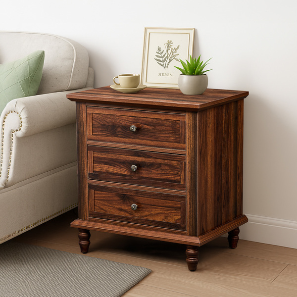 棕色 P2刨花板贴3D纸+实木腿 63*44.5*68.5CM 三抽 床头柜 1pcs-21