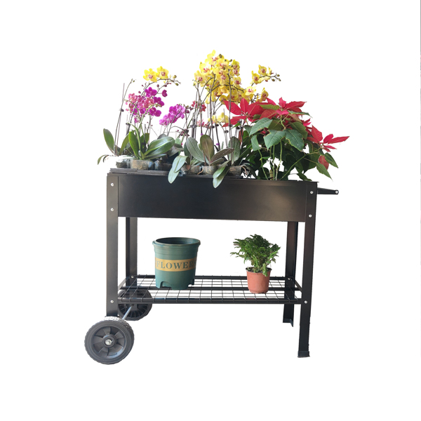 带腿移动金属高架花园床推车，升高式高花箱带轮，适用于室内外庭院后院蔬菜番茄DIY香草种植黑色-14