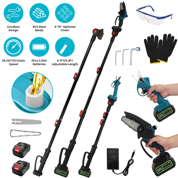 （物流随机发，自提可发加拿大）-4 合 1 树杆修枝剪，用于修剪树木的电动修枝剪和树杆锯，带 7 个可调节的头部角度，充电式树杆剪和电池树杆锯，带 2 块 3000mAh 可充电电池-1