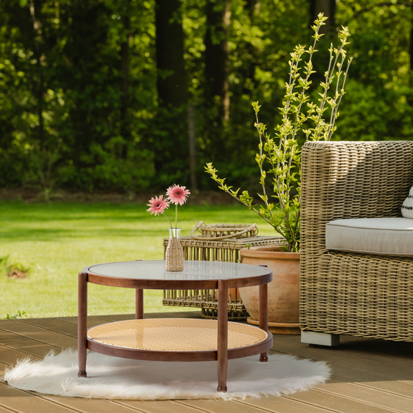 31.5 双层 胡桃色 庭院木边桌 玻璃 橡胶木 PE藤-6