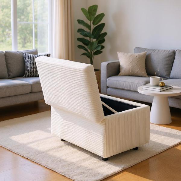 米色灯芯绒软垫储物长椅，带黑色圆形橡胶脚 - 63×43×43cm，带软座的隐藏式储物柜-5
