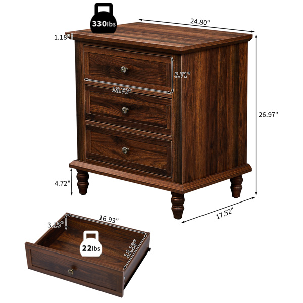 棕色 P2刨花板贴3D纸+实木腿 63*44.5*68.5CM 三抽 床头柜 1pcs-19