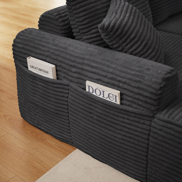 全压缩躺椅套装 - 模块化灯芯绒组合沙发，带拱形扶手、防滑底座，包含 3 个靠背垫和 2 个抱枕，右侧躺椅沙发-10