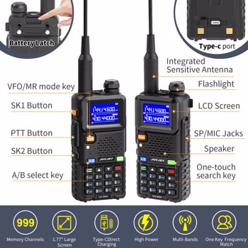 BAOFENG UV-5RH 10w GMRS Ham Radio with Long Range Walkie Talkies, Multifunctional Use, USB-C Charging, 999 Channels, Colorful LCD Display, Audio Produces