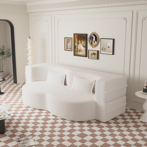 现代落地沙发，带 2 个枕头，可转换泰迪布艺泡沫填充沙发床，15 英寸全尺寸折叠床垫，适用于客厅、客床、游戏室，无需组装，米色-7