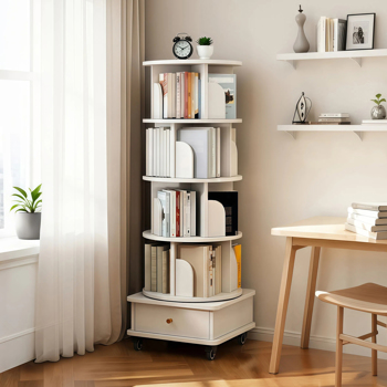 5 Tier Rotating Bookshelf, 360° Display Round Spinning Bookshelf with Wheels and Drawer, Space-Saving, Small Space Rotating Bookshelf Tower for Bedroom, Living Room, Home, Office, Warm White