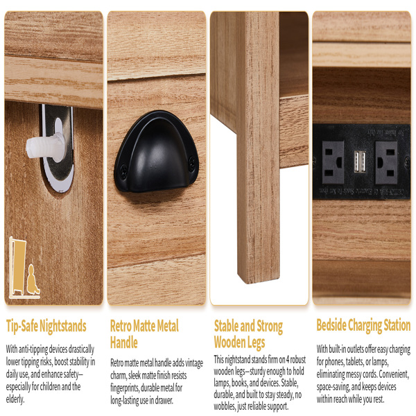 橡木色 P2密度板+贴实木皮框架 56*45*65cm 一抽带下隔层 床头柜 中世纪现代 1pcs-9