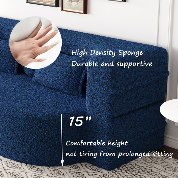 现代落地沙发，带 2 个枕头，可转换泰迪布艺泡沫填充沙发床，15 英寸全尺寸折叠床垫，适用于客厅、客床、游戏室，无需组装，蓝色-3