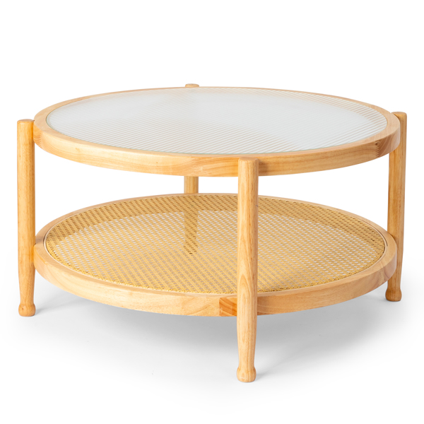 31.5 双层 原木色 庭院木边桌 玻璃 橡胶木 PE藤-17