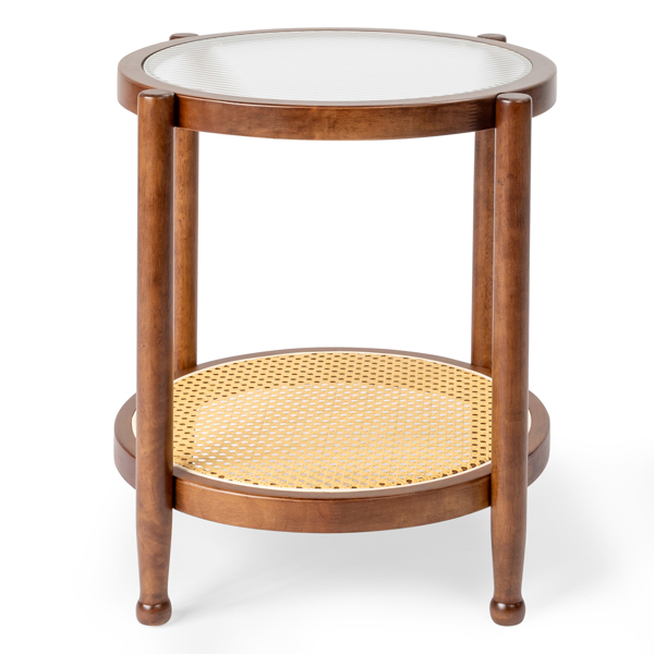 19.7in 双层 胡桃色 庭院木边桌 玻璃 橡胶木 PE藤-1