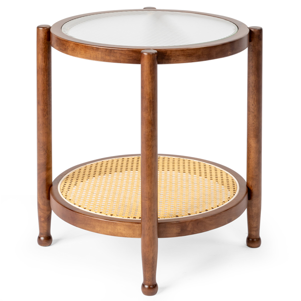 19.7in 双层 胡桃色 庭院木边桌 玻璃 橡胶木 PE藤-2