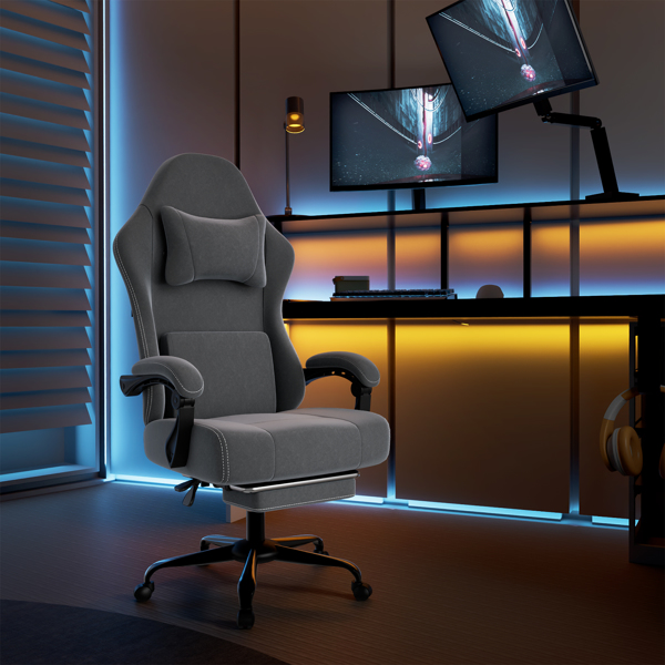 人体工学游戏椅，带按摩腰部支撑和脚踏的视频游戏椅，高度可调的布艺电脑椅，配有袋装弹簧垫，灰色（TEMU仅限自提）-7