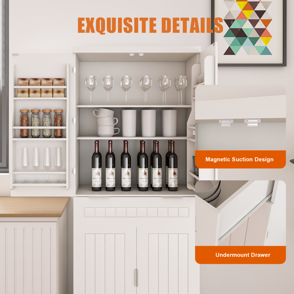 食品柜，71.65 英寸高储物柜，带抽屉，2 个橱柜和 6 个门架，可调节搁板，独立式橱柜，适用于厨房、客厅、浴室，农舍风格，白色-7