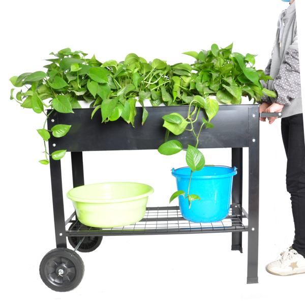 带腿移动金属高架花园床推车，升高式高花箱带轮，适用于室内外庭院后院蔬菜番茄DIY香草种植黑色-17