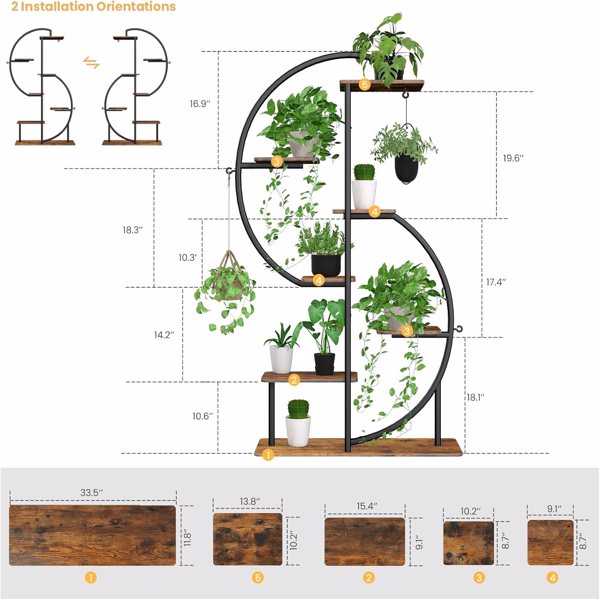 63 英寸高植物架带生长灯，S形7 层转角植物架，金属室内植物架带 3 个挂钩，多用途植物花架，适用于家庭和庭院-3