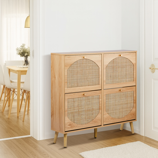 2排4个翻斗带高脚拱形藤面 鞋柜 密度板贴三胺 105*24*98cm 原木色-4