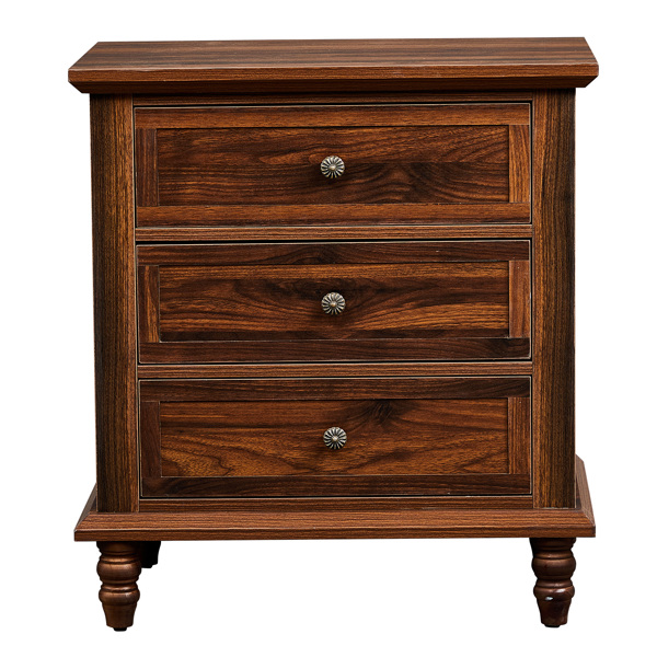 棕色 P2刨花板贴3D纸+实木腿 63*44.5*68.5CM 三抽 床头柜 1pcs-24