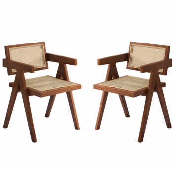 Modern Mid Century Dining Chairs Set of 2, Rattan Accent Chairs, Comfy Armchairs, Outdoor Wood Chairs with Armrest for Bedroom Living Room Reading Room Dining Kitchen, Brown