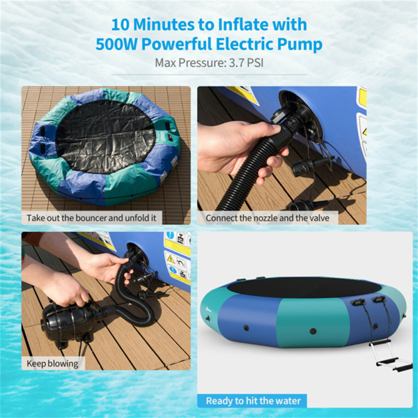 10英尺浮水蹦床-容量330磅，耐用的PVC/牛津布，带500W充气机和配件 -蓝色  WALMART禁止销售  周末不发货-10