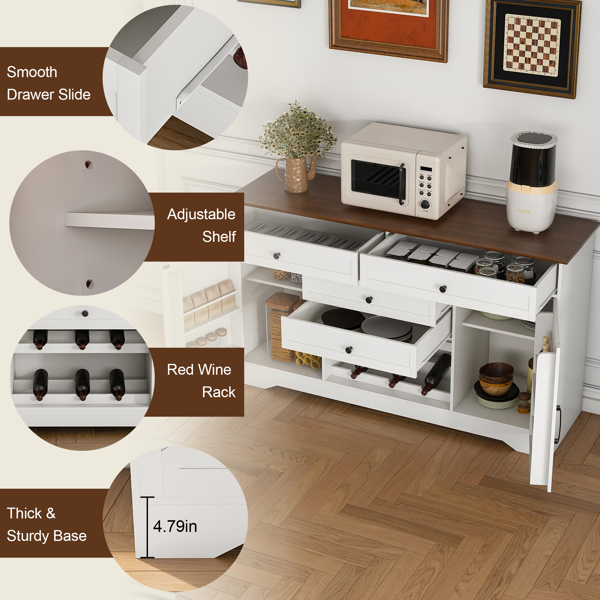 54 英寸农舍自助餐边柜，带储物柜和可调节搁板 - 带抽屉的木质桌面餐桌，适用于餐厅、客厅的厨房储物柜，白色-4