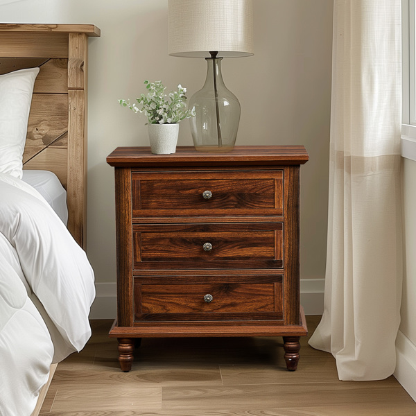 棕色 P2刨花板贴3D纸+实木腿 63*44.5*68.5CM 三抽 床头柜 1pcs-1