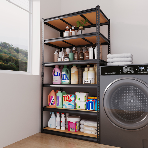 6层 可自由调节层间距 葫芦形孔位 带手套橡胶锤 展示架 铁 122*60*206cm 黑色铁件原木色中纤层板-5