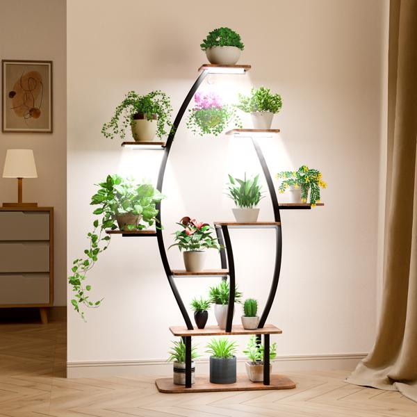 室内植物架，带生长灯，9层室内植物架、59英寸高的室内植物角架、金属植物花架、家庭叶形植物架、露台-1