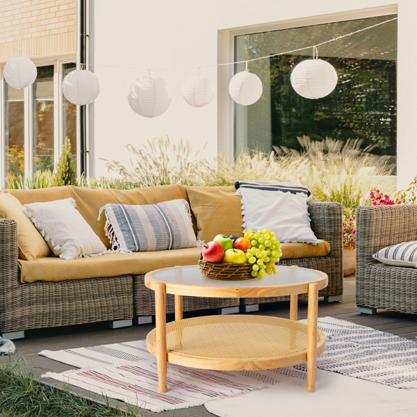 31.5 双层 原木色 庭院木边桌 玻璃 橡胶木 PE藤-8