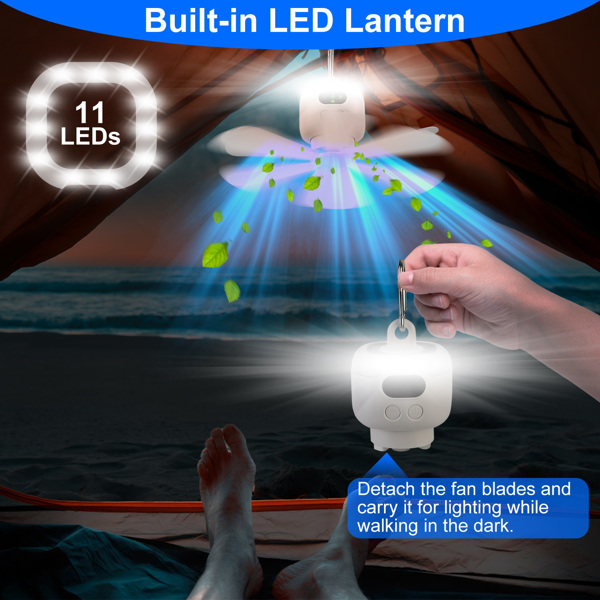 2 合 1 便携式露营风扇（带 LED 灯） 8000mAh 电池供电帐篷风扇（带安全扣） 数字显示 4 档速度 4 个定时器设置，适用于露营帐篷和房车-5