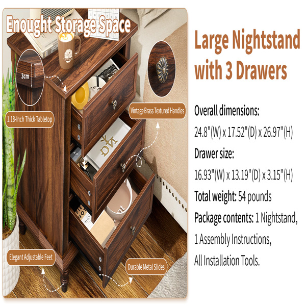棕色 P2刨花板贴3D纸+实木腿 63*44.5*68.5CM 三抽 床头柜 1pcs-9