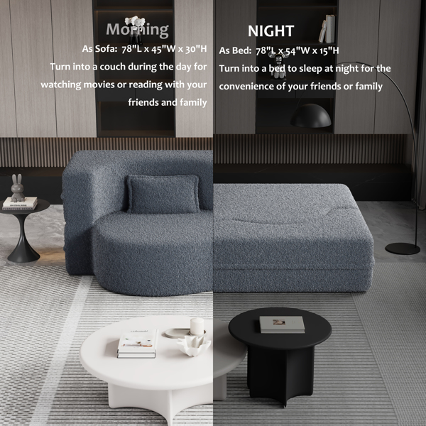 现代落地沙发，带 2 个枕头，可转换泰迪布艺泡沫填充沙发床，15 英寸全尺寸折叠床垫，适用于客厅、客床、游戏室，无需组装，灰色-2