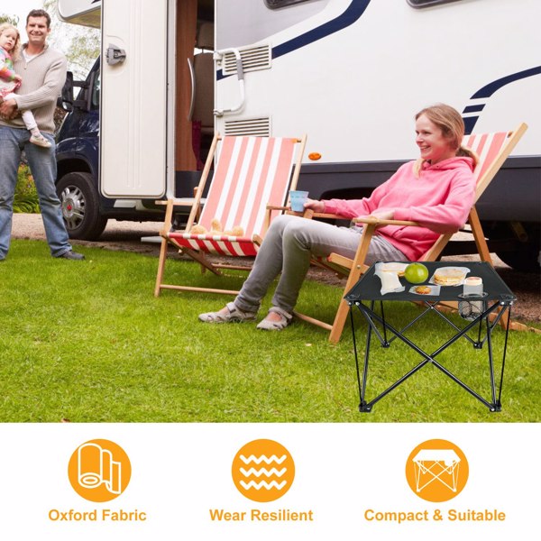 （物流随机发，自提可发加拿大）-紧凑型可折叠户外边桌--无需工具安装，防水 600D 面料，钢制 X 型框架，可承重 44 磅，包括提袋和饮料架，露营、烧烤、钓鱼和后院的完美选择-2