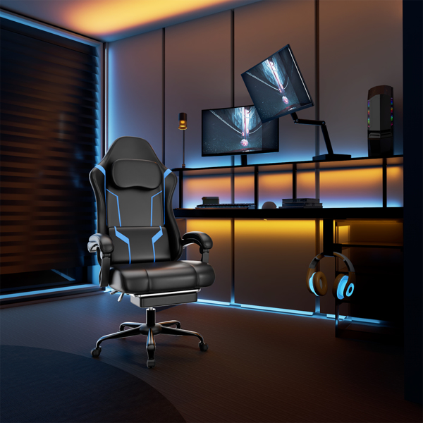 人体工学游戏椅，带口袋弹簧垫和脚踏板的视频游戏椅，可调节高度的电脑椅，带旋转座椅和头枕（人造皮革，蓝色）（TEMU仅限自提）-7