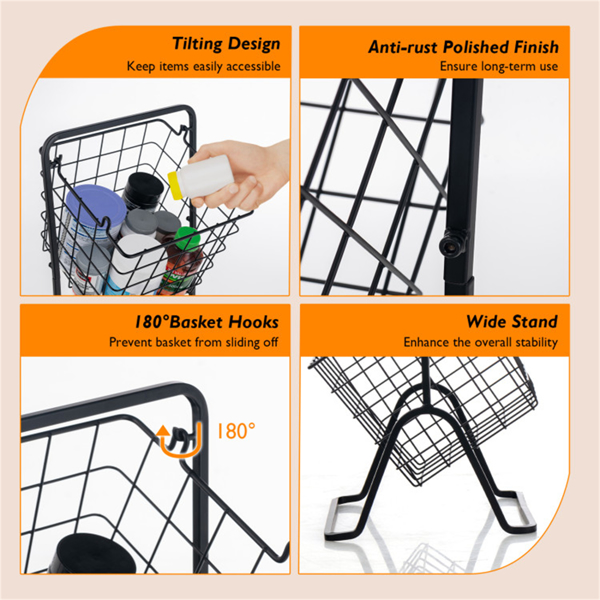 3层水果篮架-可拆卸铁丝碗，可转换为1/2层，带防滑垫的钢架，黑色  WALMART禁止销售-3